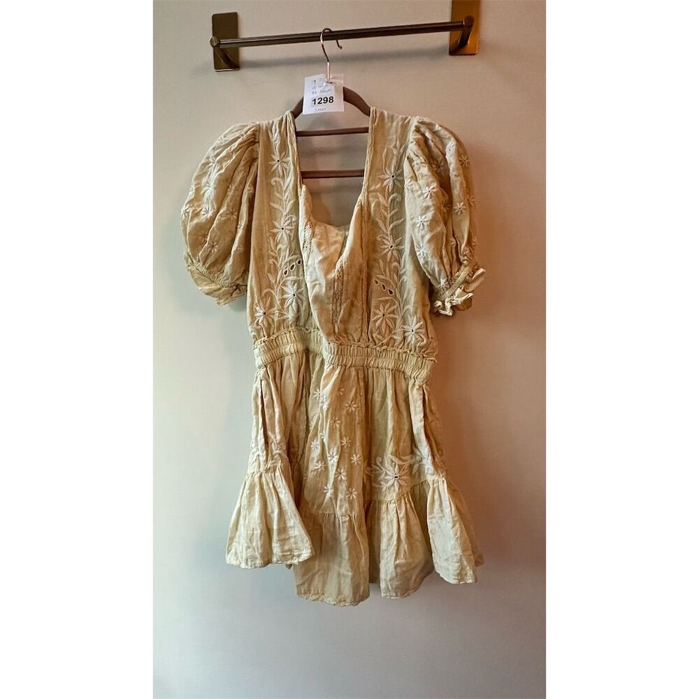 LoveShackFancy Tomasina Mini Dress Yellow Embroidered Puff Sleeve S